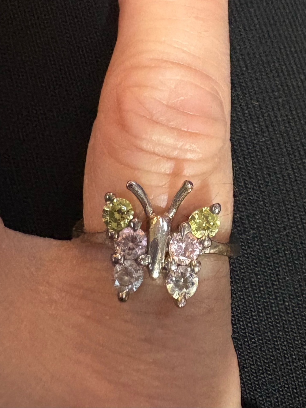 925 Sterling Silver Butterfly Gemstone Ring in Green and Light Purple, 4.5